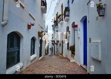 Traditionelle weiß getünchte Straße in Mojácar, Almería, Spanien, mit bunten Blumentöpfen, Balkonen und einer blauen Tür. Stockfoto