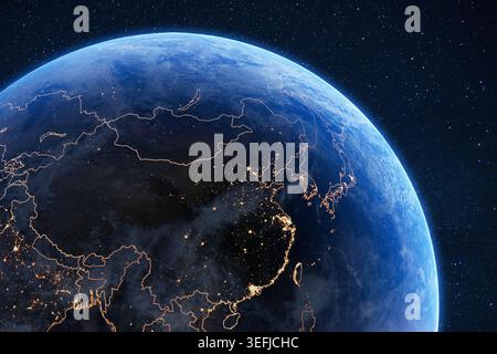 Ostasien und China aus dem Weltraum bei Nacht. Mit leuchtenden Lichtern der Stadt, goldenen Grenzlinien und einer realistischen blauen Erdatmosphäre vor einem Sternenhimmel Stockfoto