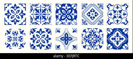 Set mit 10 Fliesen Azulejos in Blau. Mediterrane Fliesen, nahtlose Muster. Spanische, sizilianische, portugiesische, italienische traditionelle Ornamente. Vektor Stock Vektor