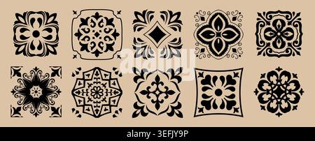 Set mit 10 Fliesen Azulejos. Mediterrane Fliesen, nahtlose Muster. Spanische, sizilianische, portugiesische, italienische traditionelle Ornamente. Vektor Stock Vektor