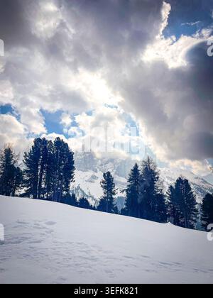 Schneebedeckte Berglandschaft mit dunklen Kiefern, frischem Schnee und Sonnenaufgang durch dramatische Wolken über den Gipfeln der Dolomiten Stockfoto