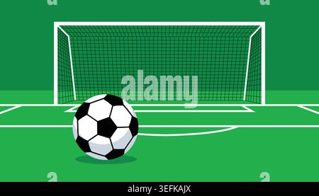 Grünes Fußball-Fußballfeld mit Ball und Tornetz Stadion Sportausrüstung flache Design Vektor grafischen Hintergrund Stock Vektor