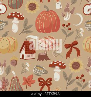 Herbst gemütliches nahtloses Muster mit Kürbissen Pilzen Sonnenblumen Blätter warme Vintage Dekor Illustration Stock Vektor