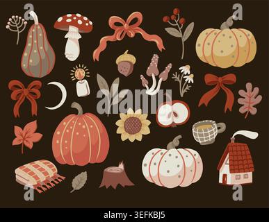 Herbst Cozy Elements Kollektion mit Kürbispilzen Blätter warme saisonale Illustrationen Set Stock Vektor