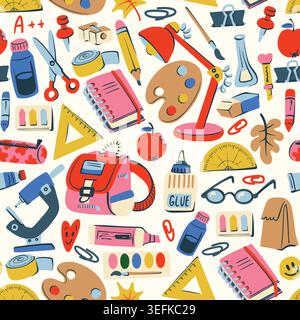 Back to School nahtloses Muster mit farbenfroher Schreibwaren Kunst Wissenschaft Apple Supplies Design Stock Vektor