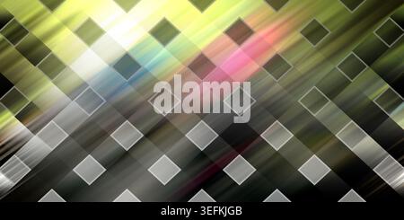Abstrakter digitaler Hintergrund mit einem Muster aus diagonalen Quadraten mit leuchtenden Lichtstreifen in Grün-, Gelb- und Rosa-Tönen, die eine moderne Atmosphäre schaffen Stockfoto