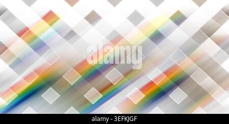 Ein abstrakter digitaler Kunsthintergrund mit einem Muster aus Diamantformen, überlagert mit leuchtenden, diagonalen regenbogenfarbenen Lichtstreifen und weichem Gradie Stockfoto