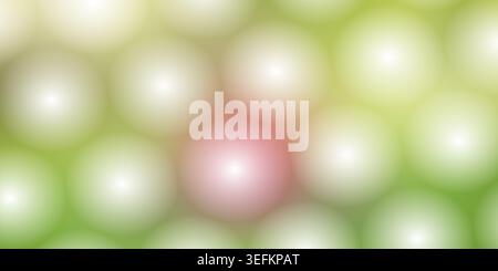 Ein digitaler abstrakter Hintergrund mit einem Muster aus weichen, leuchtenden Kugeln in Grün- und Gelbtönen, mit einer einzelnen rosa Kugel als Brennpunkt. Stockfoto