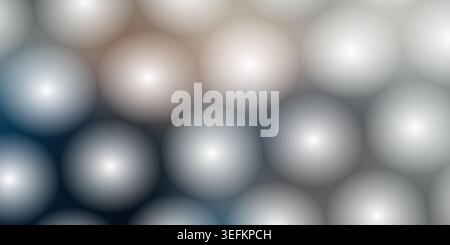 Ein digitaler abstrakter Hintergrund mit einem Muster aus leuchtenden, halbtransparenten Kugeln, die in einem Raster mit einem glatten blau-grauen Verlauf angeordnet sind. Stockfoto