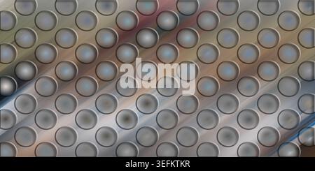 Ein schlanker abstrakter Hintergrund mit einem strukturierten Raster aus kreisförmigen Formen mit polierter Metallic-Textur und diagonalen Lichtstreifen. Stockfoto