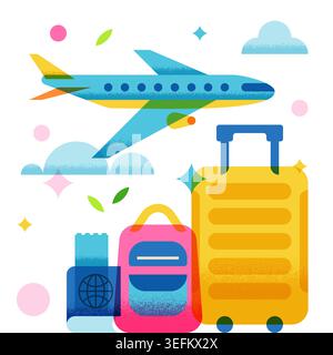 Geometrische Vektor-Illustration des Passagierflugzeugs, das in den Himmel fliegt, Gepäck mit Koffer, Rucksack, Pass und Ticket. Farbenfroher Reisetourismus Stock Vektor
