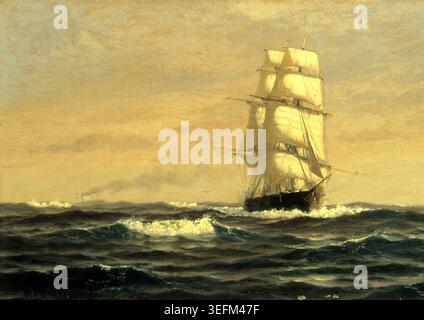Historisches Illustrationskunstwerk des Segelschiffes vor der Küste von Maine, das ein großes Segelschiff zeigt, das raue Meereswellen vor der Küste von Neuengland navigiert. Gemalt von William E. Norton im Jahr 1876. Ölgemälde mit Meereslandschaft Stockfoto
