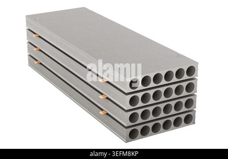 Stapel von Betonplatten aus Fertigteil mit Hohlkern und Hebeösen. 3D-Rendering isoliert auf weißem Hintergrund Stockfoto