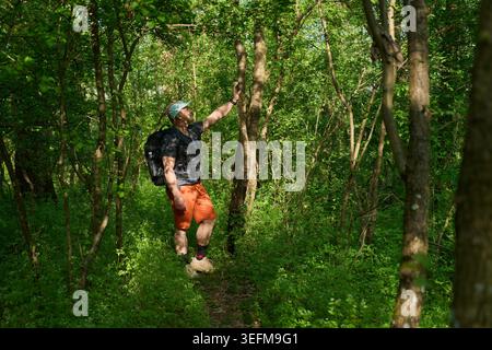 Ein Mann mittleren Alters mit Rucksack greift an einen Baumstamm und erkundet dabei einen üppigen Frühlingswald Stockfoto