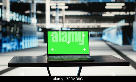 Green-Screen-Laptop im Rechenzentrum zur Durchführung von Sicherheitsaudits der IT-Infrastruktur. Modell-Notebook-Gerät im High-Tech-Server-Hub, das zur Überprüfung der Firewall-Einstellungen verwendet wird Stockfoto