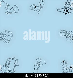 Sportskizze Illustrationsrahmen enthält Fußball, Pfeife, Karten, Eckfahne, Stollen, Timer, Trikot, Klemmbrett, Fächerfinger, auf blauem Hintergrund Stock Vektor