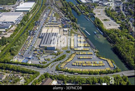 Luftaufnahme, Gewerbegebiet am Westhafen, CTH Containerterminal am Rhein-Herne-Kanal, Müller - die Lila Logistik, WHE Wanne Herner Eisenbahn und Hafe Stockfoto