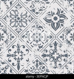 Nahtloser Vintage-Teppich mit einem Effekt von Abrieb. Damastteppich. Handgezeichnetes nahtloses abstraktes Muster mit östlichen Motiven. Vektorabbildung Stock Vektor