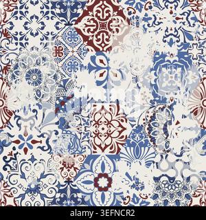 Nahtloser Vintage-Teppich mit einem Effekt von Abrieb. Damastteppich. Handgezeichnetes nahtloses abstraktes Muster mit östlichen Motiven. Vektorabbildung Stock Vektor