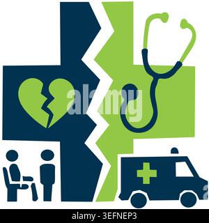 Healthcare Crisis Icon Set mit gebrochenem Krankenhaus Kreuz, wartenden Patienten und Krankenwagen repräsentieren NHS Druck und medizinische System Strain. Stock Vektor