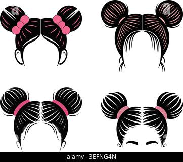Ein dekoratives Illustrationsset mit Doppelbun-Frisuren für Damen in verschiedenen Varianten der Vorderansicht, mit Schleifen und Haargummis. Die Sammlung Stock Vektor