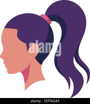 Illustration einer weiblichen Seitenansicht mit einem voluminösen lila hohen Pferdeschwanz und einfacher Gesichtskontur. Stock Vektor