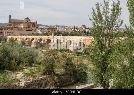 Die römische Brücke von Cordoba mit der Moschee-Kathedrale in der Ferne Stockfoto