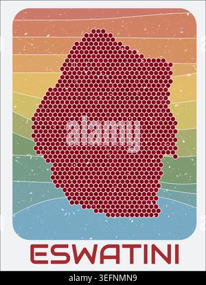Vintage-Logo von Eswatini. Sechseckige Punktform des Landes auf Retro-farbigem Streifenwellen-Hintergrund. Eswatini Kartendesign mit Grunge-Kratzstruktur. Stock Vektor