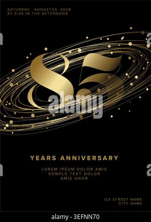 Luxuriöses Poster zum 85-jährigen Jubiläum mit goldenen Zahlen und festlichen Glitzern. Diese Einladung zum Jubiläum verwendet einen schwarzen Hintergrund und ein goldenes Elem Stock Vektor
