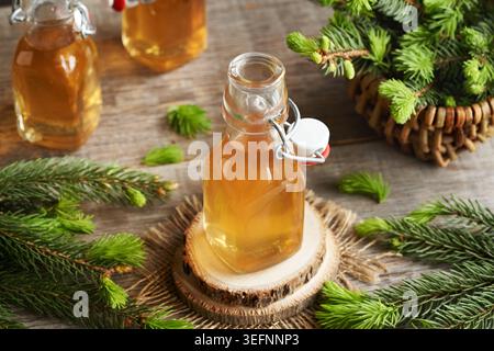 Eine Flasche hausgemachter Kräutersirup aus jungen Fichtenspitzen, die im Frühjahr gesammelt werden Stockfoto