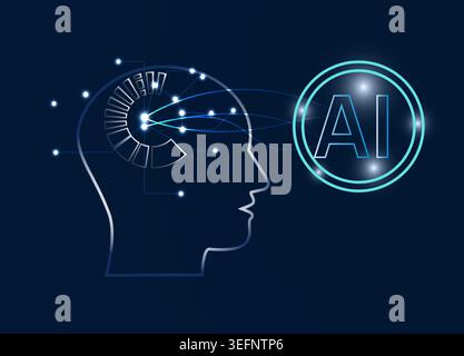 Menschliche Kopfsilhouette mit KI-Orb verbunden mit neuronalen Netzlinien, die künstliche Intelligenz und Technologie repräsentieren. Stock Vektor