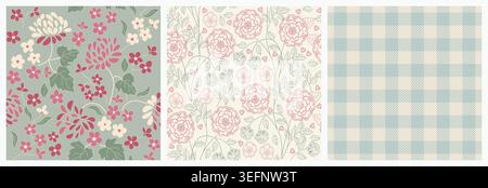 Set aus abstrakten, nahtlosen, handgezeichneten Blumenmustern. Vorlage Grußkarte, Einladung, Geschenkpapier, Broschüre, Website-Hintergrund. Vecto Stock Vektor