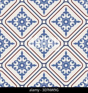Nahtloses Muster mit viktorianischen Motiven. Nahtloses Damastmuster. Farbenfrohes Azulejo, original traditionelles portugiesisches und spanisches Dekor. Vektor Stock Vektor