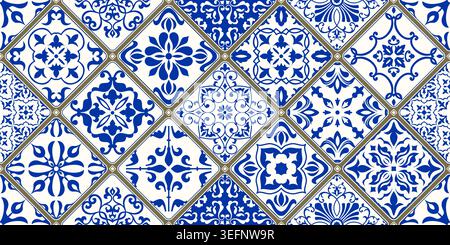 Nahtlose, farbenfrohe Flickwerk-Fliesen mit Motiven aus Islam, Arabisch, Indien und Mittelmeer. Portugiesische und spanische Einrichtung. Keramikfliesen im talavera-Stil. Vektor Stock Vektor