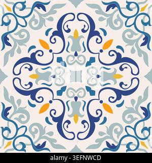Nahtloses Muster mit viktorianischen Motiven. Nahtloses Damastmuster. Farbenfrohes Azulejo, original traditionelles portugiesisches und spanisches Dekor. Vektor Stock Vektor