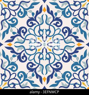 Nahtloses Muster mit viktorianischen Motiven. Nahtloses Damastmuster. Farbenfrohes Azulejo, original traditionelles portugiesisches und spanisches Dekor. Vektor Stock Vektor
