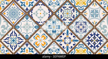 Nahtlose, farbenfrohe Flickwerk-Fliesen mit Motiven aus Islam, Arabisch, Indien und Mittelmeer. Portugiesische und spanische Einrichtung. Keramikfliesen im talavera-Stil. Vektor Stock Vektor