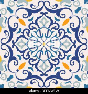 Nahtloses Muster mit viktorianischen Motiven. Nahtloses Damastmuster. Farbenfrohes Azulejo, original traditionelles portugiesisches und spanisches Dekor. Vektor Stock Vektor