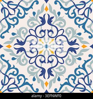 Nahtloses Muster mit viktorianischen Motiven. Nahtloses Damastmuster. Farbenfrohes Azulejo, original traditionelles portugiesisches und spanisches Dekor. Vektor Stock Vektor