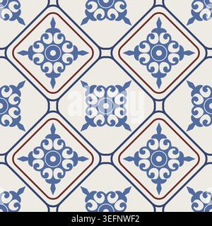 Nahtloses Muster mit viktorianischen Motiven. Nahtloses Damastmuster. Farbenfrohes Azulejo, original traditionelles portugiesisches und spanisches Dekor. Vektor Stock Vektor