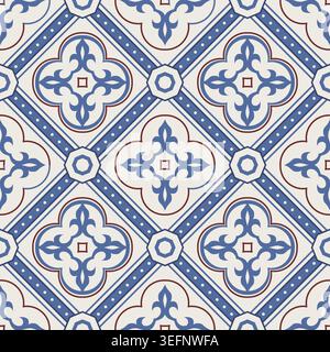 Nahtloses Muster mit viktorianischen Motiven. Nahtloses Damastmuster. Farbenfrohes Azulejo, original traditionelles portugiesisches und spanisches Dekor. Vektor Stock Vektor