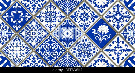 Nahtlose, farbenfrohe Flickwerk-Fliesen mit Motiven aus Islam, Arabisch, Indien und Mittelmeer. Portugiesische und spanische Einrichtung. Keramikfliesen im talavera-Stil. Vektor Stock Vektor