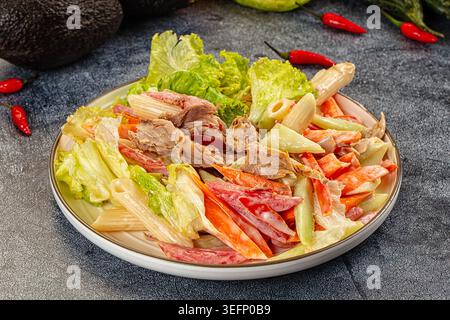 Appetitlicher Nudelsalat mit Thunfisch und Gemüse in einer cremigen Sauce. Die Top-Down-Ansicht auf dunklem Hintergrund hebt frische rote, grüne und beige Farben hervor. P Stockfoto