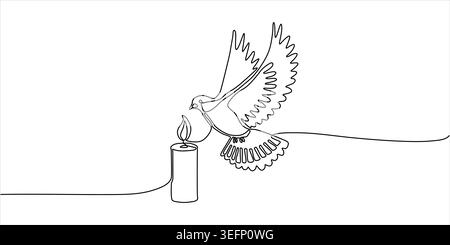 Durchgehende Linienzeichnung des fliegenden Taubenvogels und der Kerze, minimalistische schwarz-weiße einzeilige Kunstvektor-Illustration der Friedenshoffnungsgedächtnis. Stock Vektor