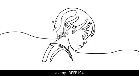 Durchgehende Linienzeichnung eines traurigen Jungen, minimalistische schwarz-weiße einzeilige Kunstvektor-Illustration eines einsamen Kindes, das nach unten schaut. Stock Vektor