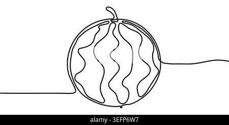 Durchgehende Linienzeichnung einer ganzen Wassermelone, minimalistische schwarz-weiße einzeilige Kunstvektorillustration der frischen Sommerfrucht. Stock Vektor