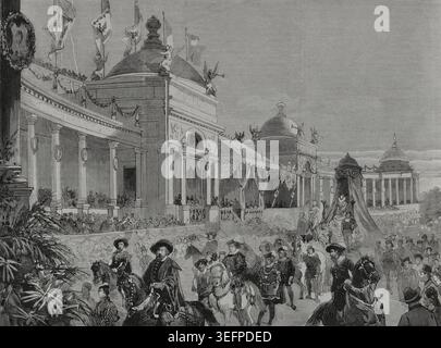 Wien, Österreich. Öffentliche Feierlichkeiten zum silbernen Hochzeitstag von Franz Joseph I. und Kaiserin Elisabeth (Sisi). 25 Jahre nach der Heirat von Kaiser Franz Joseph I. mit Kaiserin Elisabeth am 24. April 1854 wurde in Wien der silberne Hochzeitstag geehrt. Die Szene zeigt den Wettbewerb am 27. April 1879, der vor dem für die österreichische Kaiserfamilie errichteten Pavillon an der Wiener Ringstraße vorbeigeht. Die öffentliche Feier wurde von dem Künstler Hans Makart (1840–1884) entworfen, der als Rubens gekleidet und auf einem Lipizzaner-Hengst aufgestiegen war. Engravi Stockfoto