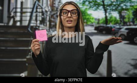 Frau mit rosafarbenem Haftnotiz mit einem Lächeln und einer Handbewegung auf der Straße in der Nähe geparkter Autos und einer Metalltreppe; Unsicherheit. Stockfoto