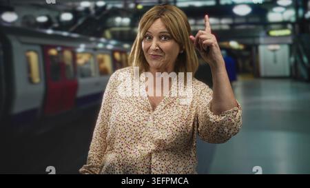 Die Frau zeigt den Zeigefinger nach oben in ein U-Bahn-Bahnsteig-Gebäude, lächelt in einer Blumenbluse und sichtbarem Unterarm; Neugier. Stockfoto