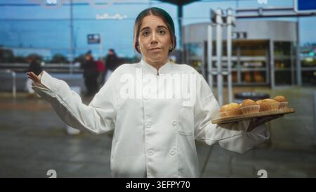 Die junge Küchenchefin hält mit einer Hand an der Bordsteinkante des Flughafens ein Tablett mit Muffins und Sträuchern, trägt weißen Mantel und neutralen Ausdruck; Ungewissheit Geduld. Stockfoto